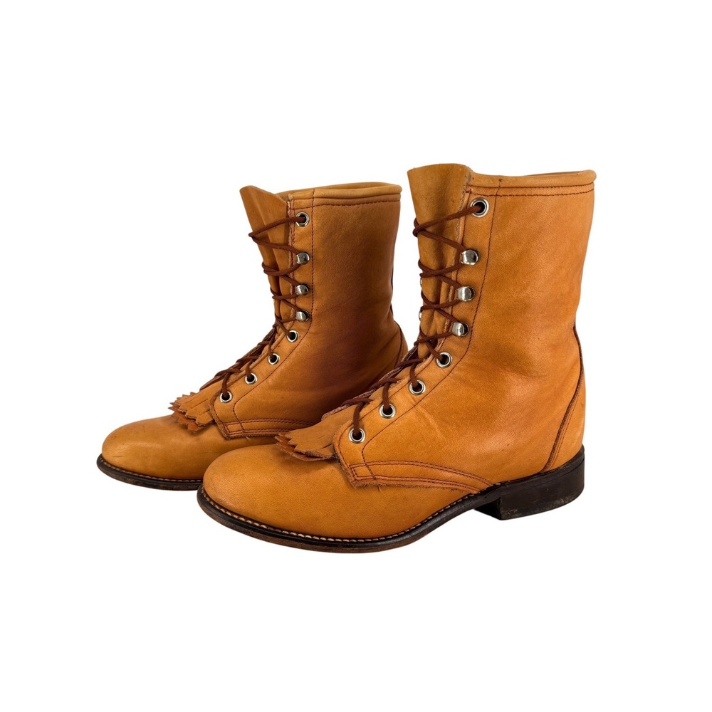 Laredo Lace Up Kiltie Packer Western Boots Camel Tan Leather USA Womens 7 M